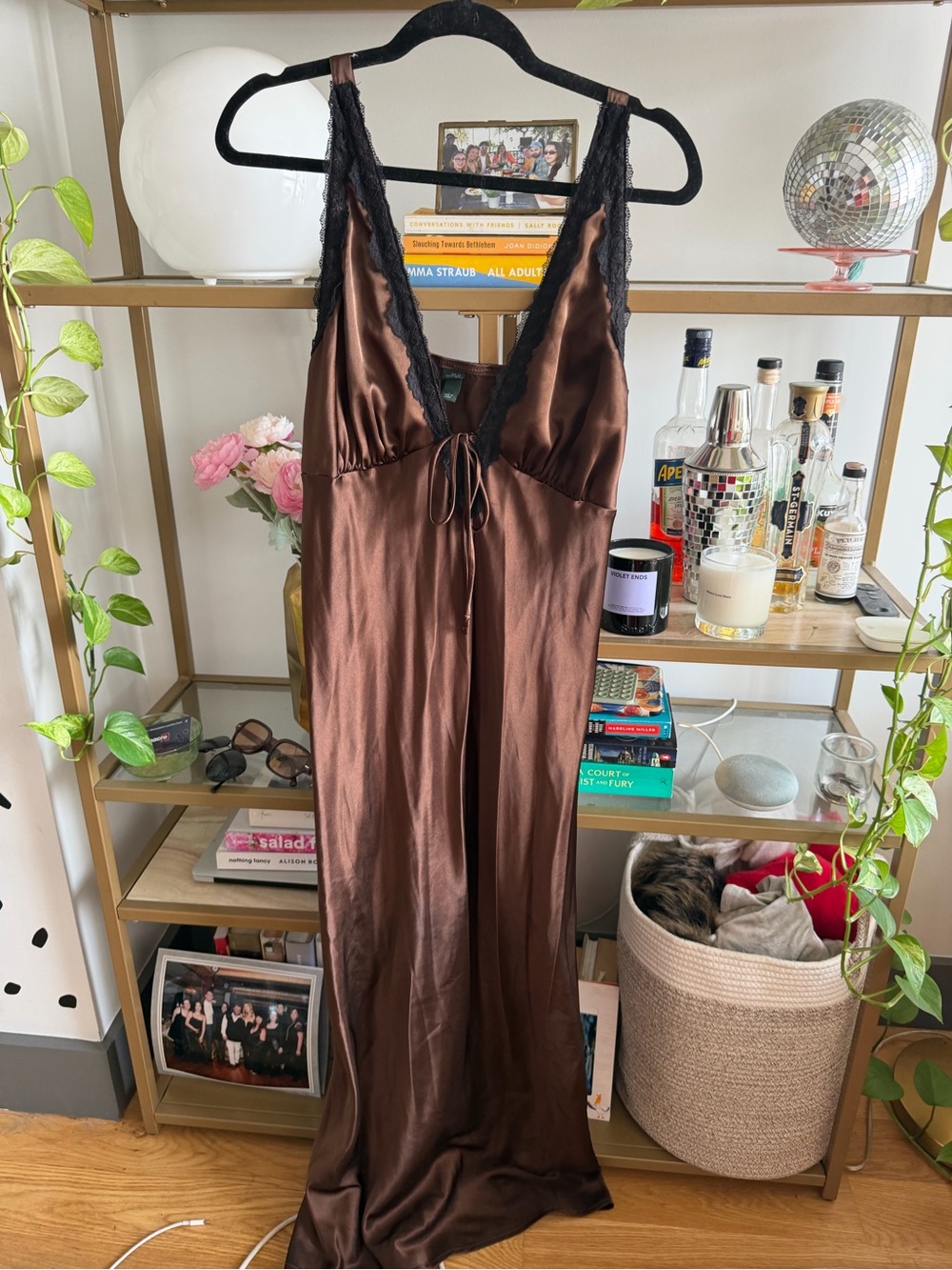 Wild Fable Silky Brown Lace Trim Slip Dress